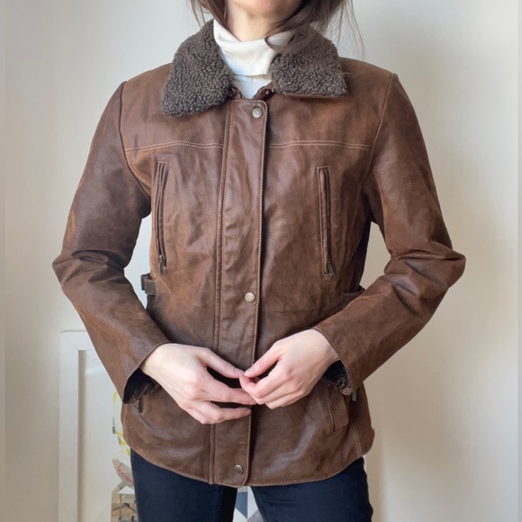 Brown aviator leather jacket / 90’s vintage / approx Large - Picture 3 of 11